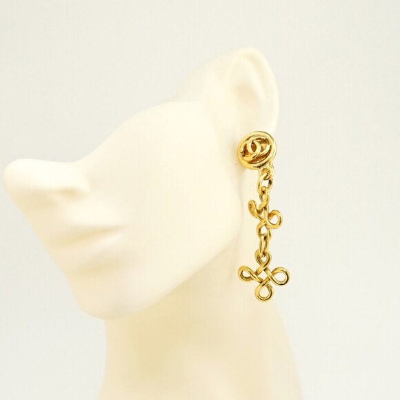 CHANEL CC Logos Cross Dangle Clip-On Earrings Gold Tone 93P Auth w/Box p10591 - Picture 2 of 6
